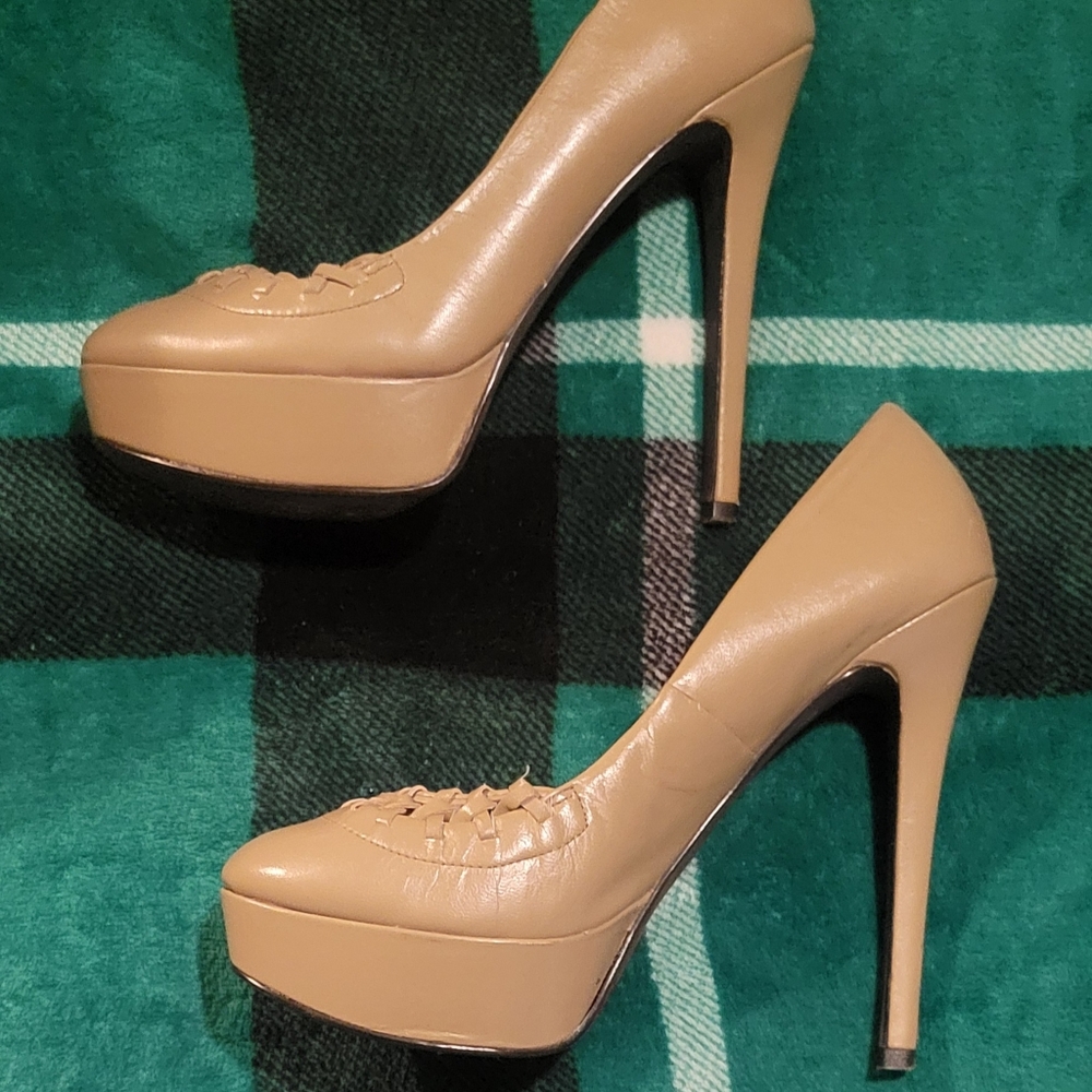 WOMENS M.P.S. HEELS KHAKI STILLETTO SIZE 7.5